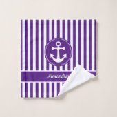 ロープ航海の紫と白のいかり付きストライプ バスタオルセット (ウォッシュタオル)