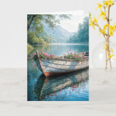 ローボートの中のピンクのゲラニウム悔やみや弔慰 カード (黄色い花)