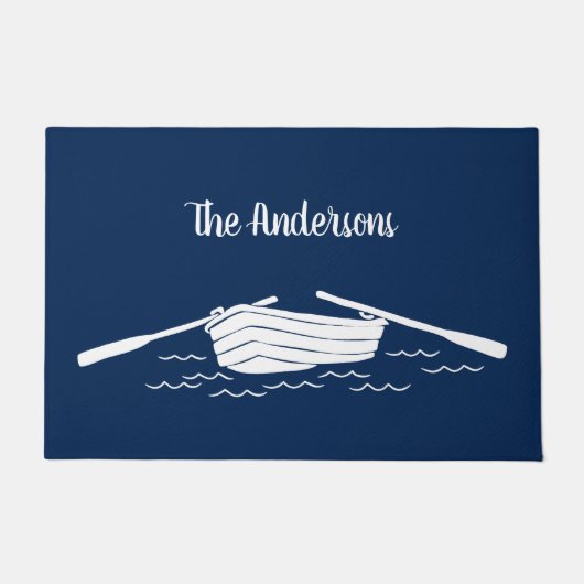 ローボートブルー&ホワイトレイクパーソナライズされたハウス ドアマット (正面)