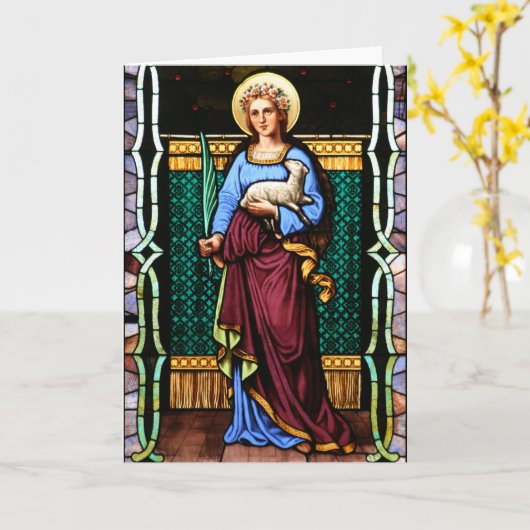 ローマの聖アグネス、子羊とヤシの葉を保持 カード (黄色い花)