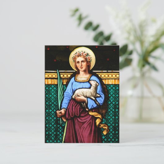 ローマの聖アグネス、子羊とヤシの葉を保持 ポストカード (スタンド正面)