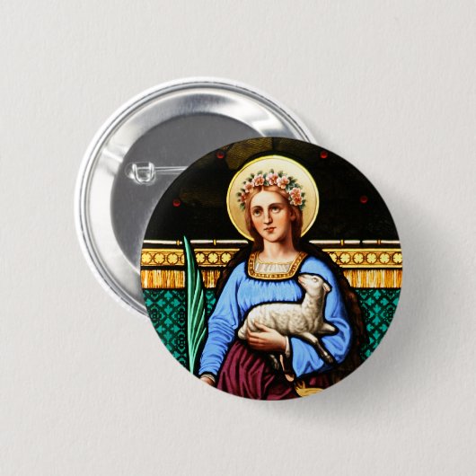 ローマのStアグネス、子ヒツジおよびシュロの葉を握ります 缶バッジ (正面&裏面)