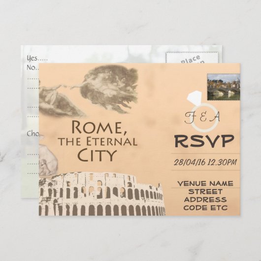 ローマをテーマにした結婚式RSVP招待状と写真 ポストカード (正面/裏面)