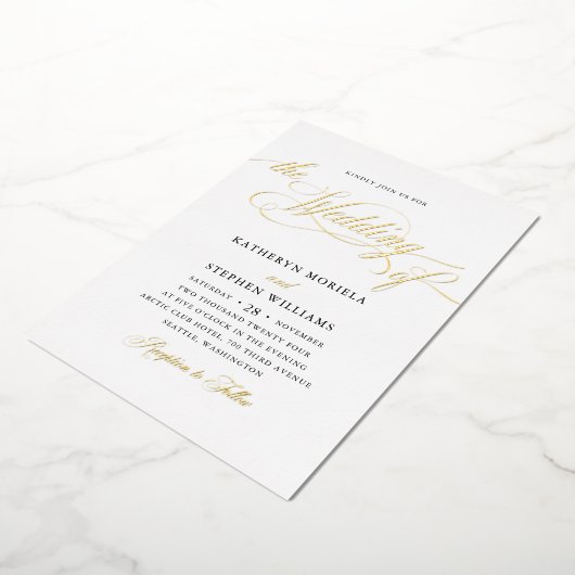 ローマクラシック字書道結婚の金ゴールド 箔招待状 (回転した状態)