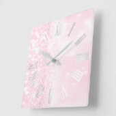 ローマンナンバーズシルバーグレーピンクグリッター ガーリー スクエア壁時計 (傾斜)