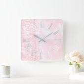 ローマンナンバーズシルバーグレーピンクグリッター ガーリー スクエア壁時計 (ホーム)