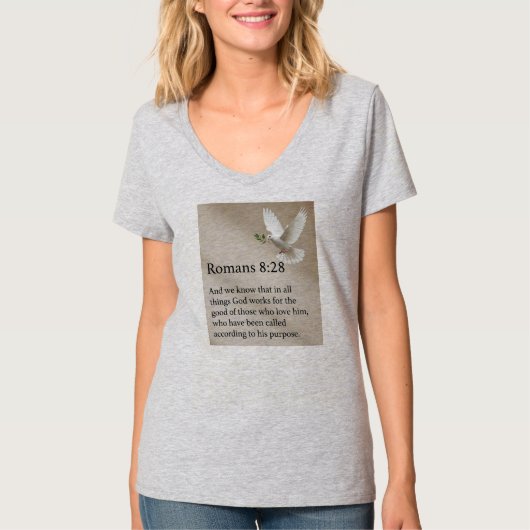 ローマ人への手紙 8:28 聖書の詩 レディースVネックTシャツ Tシャツ (正面)