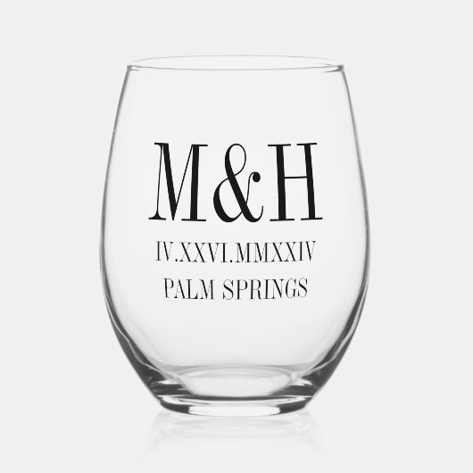 ローマ数字の日付、イニシャル、市区町村結婚式の引き出物 ステムなしワイングラス (正面)