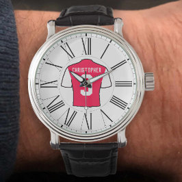 ローマ数字の赤と白のサッカーシャツ。 腕時計