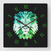 ローマ数字付き緑の幾何ライオン スクエア壁時計 (正面)