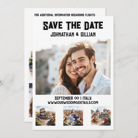 ローマ結婚の3つのフォトウォーターカラーのアトラクション セーブザデート (正面/裏面)