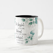 ローマ12:12希望に喜び、祈りの言葉に忠実 ツートーンマグカップ (正面右)