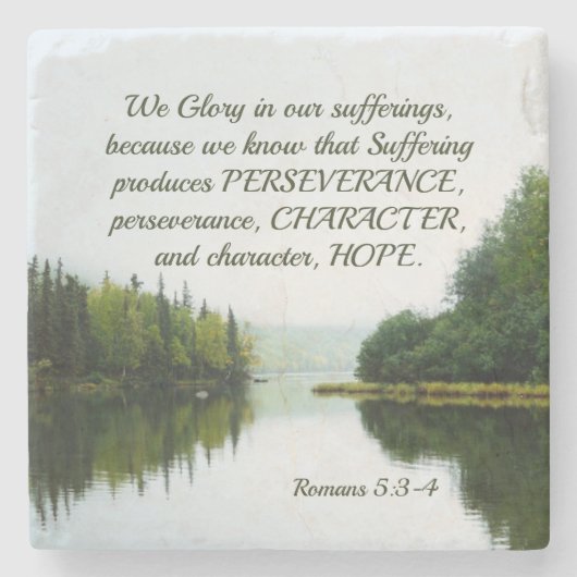 ローマ5:3-4苦しむ湖の木々に栄光を ストーンコースター (正面)