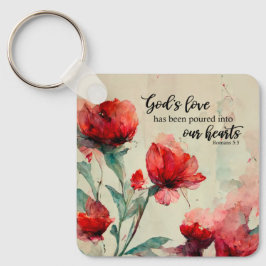 ローマ5:5神の愛バイブル聖句レッドピンクの花 キーホルダー