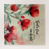 ローマ5:5神の愛バイブル聖句レッドピンクの花 ジグソーパズル (横)