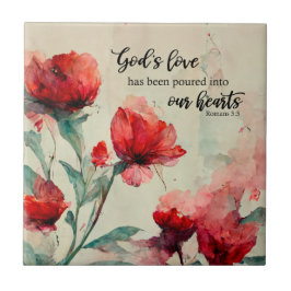 ローマ5:5神の愛バイブル聖句レッドピンクの花 タイル