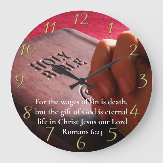 ローマ6:23手で聖なる聖書の金ゴールド ラージ壁時計 (正面)
