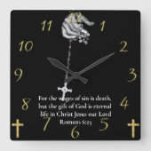 ローマ6:23手の十字架を保持 スクエア壁時計 (正面)