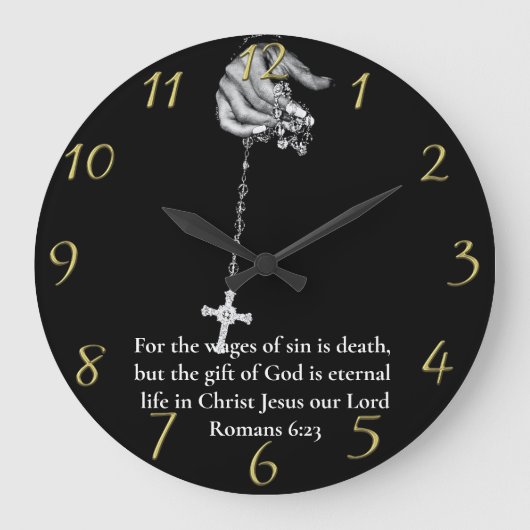 ローマ6:23手の十字架金ゴールド ラージ壁時計 (正面)