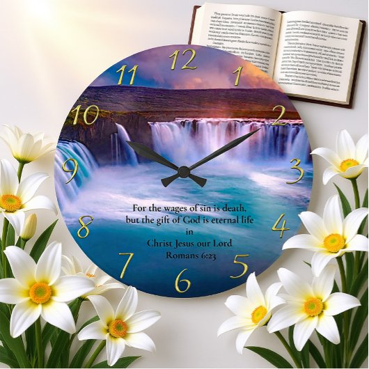 ローマ6:23金ゴールドキリスト教祈りの言葉 ラージ壁時計