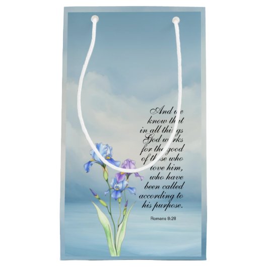 ローマ8:28アイリスの水色 スモールペーパーバッグ (正面)