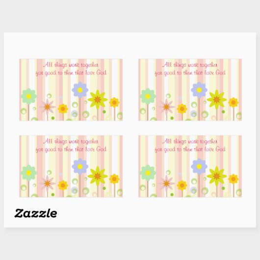 ローマ8:28ピンクのストライプ引用文と花のキリスト教 長方形シール (シート)