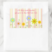 ローマ8:28ピンクのストライプ引用文と花のキリスト教 長方形シール (バッグ)