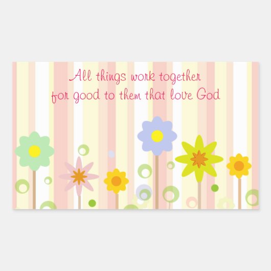 ローマ8:28ピンクのストライプ引用文と花のキリスト教 長方形シール (正面)