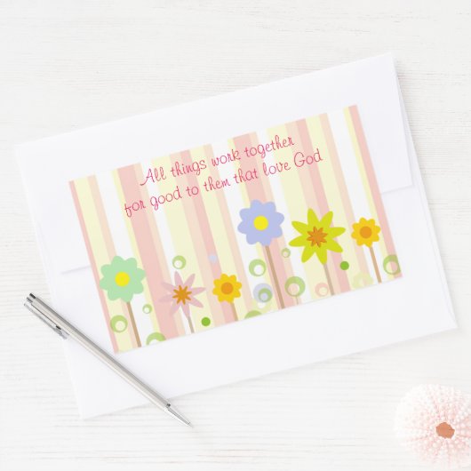 ローマ8:28ピンクのストライプ引用文と花のキリスト教 長方形シール (封筒)