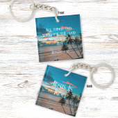 ローマ8:28聖書の聖句と熱帯ビーチの夕日 キーホルダー