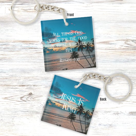 ローマ8:28聖書の聖句と熱帯ビーチの夕日 キーホルダー