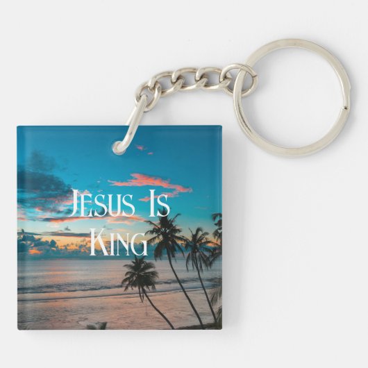 ローマ8:28聖書の聖句と熱帯ビーチの夕日 キーホルダー (裏面)