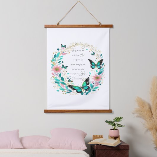 ローマ8:28花と蝶 吊り下げ型タペストリー (寝室)