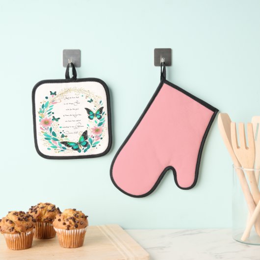 ローマ8:28花と蝶 鍋つかみ&鍋敷きセット (インサイチュ (吊り下げ))