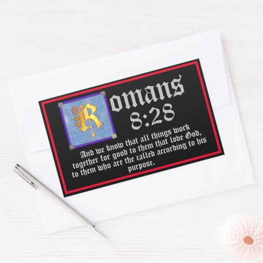 ローマ8:28金ゴールド照光文字聖書引用文 長方形シール (封筒)