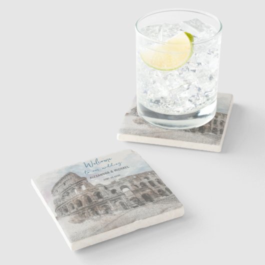 ローマ イタリア 水彩 結婚式コースター - カスタム ストーンコースター (横)