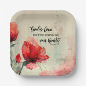 ローマ 5:5 神の愛 聖書の詩句 赤いピンクの花 ペーパープレート (正面)