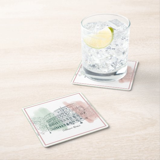 ローマItalyコロッセオとイタリア国旗の色のスケッチ スクエアペーパーコースター (インサイチュ)