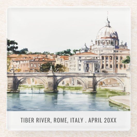 ローマItalyティバーリバーウォーターカラートラベイタリアンル ガラスコースター (正面)