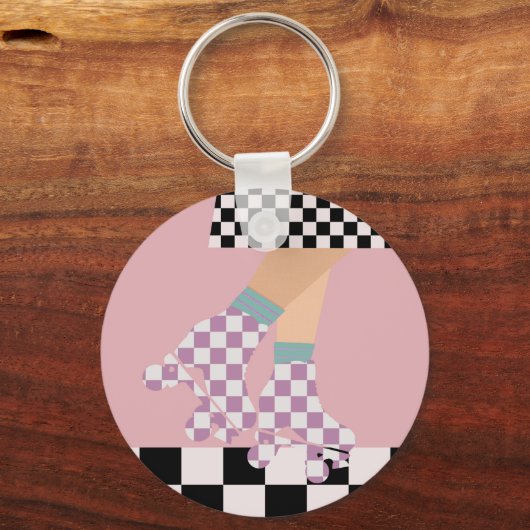 ローモダンラ市松模様にスケートで滑るガールアートチェック キーホルダー (正面)