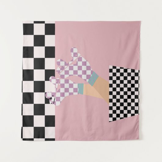 ローモダンラ市松模様にスケートで滑るガールアートチェック タペストリー (正面(横))