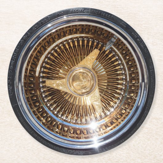 ローライダー金ゴールドワイヤホイールローライダーリムタイヤ ラウンドペーパーコースター (正面)