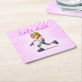 ローラクールスケートで滑るガール スクエアペーパーコースター (アングル)