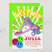 ローラスケートで滑るスニーカー誕生日カラフルレトロ 招待状 (正面/裏面)