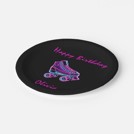 ローラスケートで滑るパーティーガールズネオングロー誕生日 ペーパープレート (アングル)