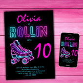 ローラスケートで滑るパーティーガールズネオングロー誕生日 招待状