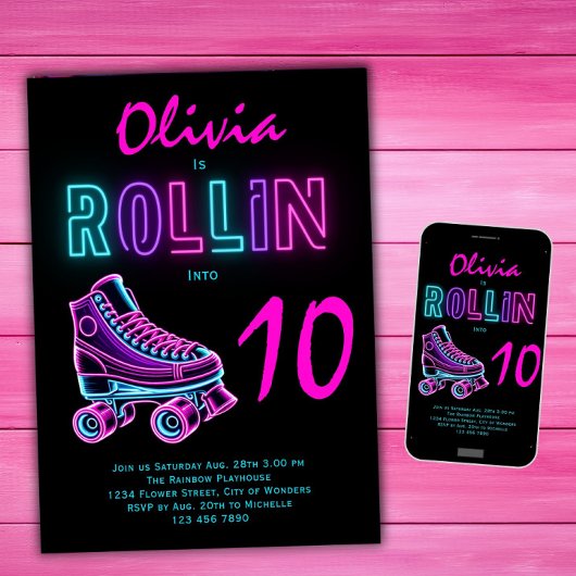 ローラスケートで滑るパーティーガールズネオングロー誕生日 招待状