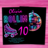 ローラスケートで滑るパーティーガールズネオングロー誕生日 招待状