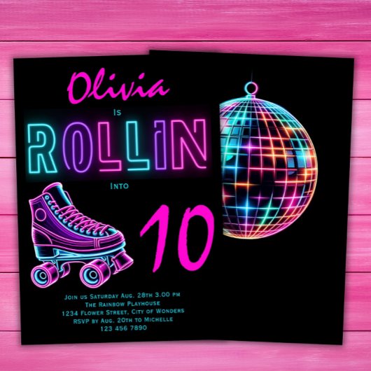 ローラスケートで滑るパーティーガールズネオングロー誕生日 招待状