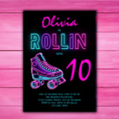 ローラスケートで滑るパーティーガールズネオングロー誕生日 招待状